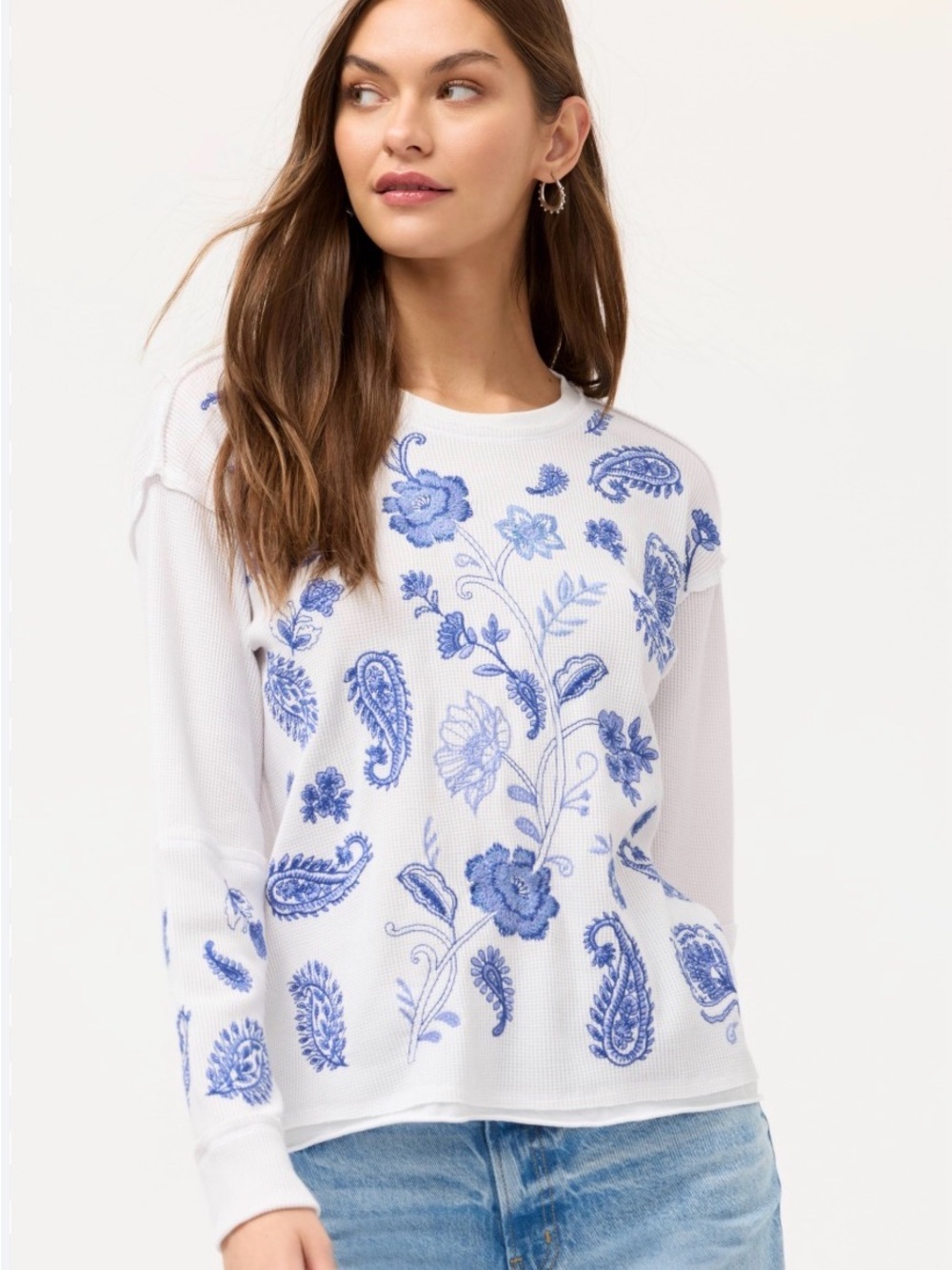 Johnny Was White Thermal Top with Blue Floral Embroidery